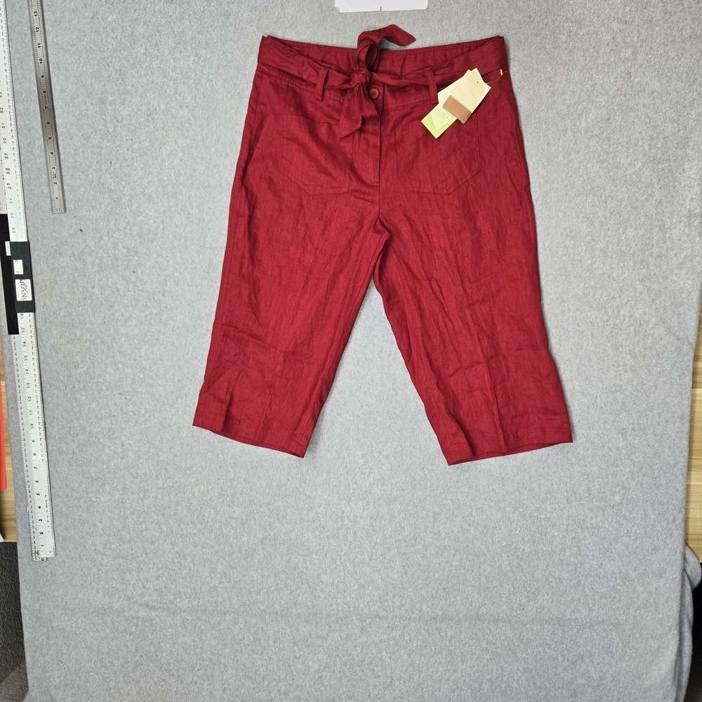 Coldwater Creek Women Pants P10 Red Capri Belted Linen Crop Brook Fit NWT